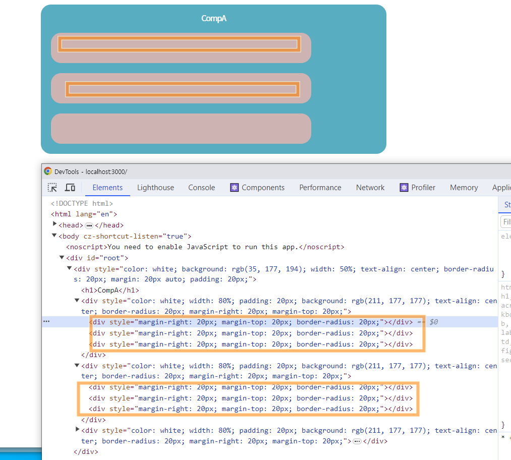 Box 컴포넌트의 스타일 속성은 적용되었으나 CompAA 의 기존 데이터와 스타일 사라짐